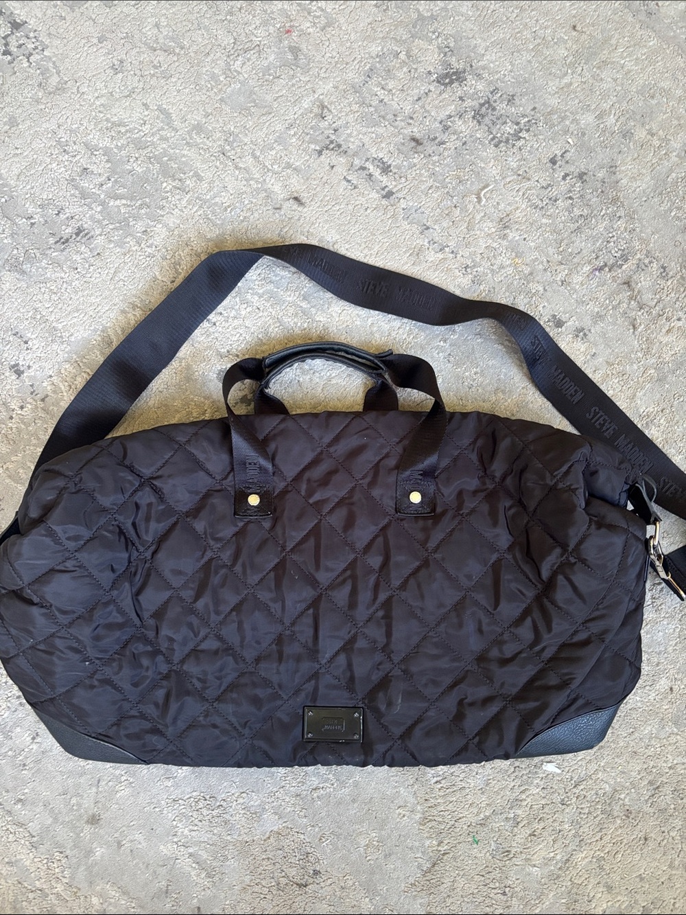 Steve Madden Black Quilted Travel Duffel with Logo Strap